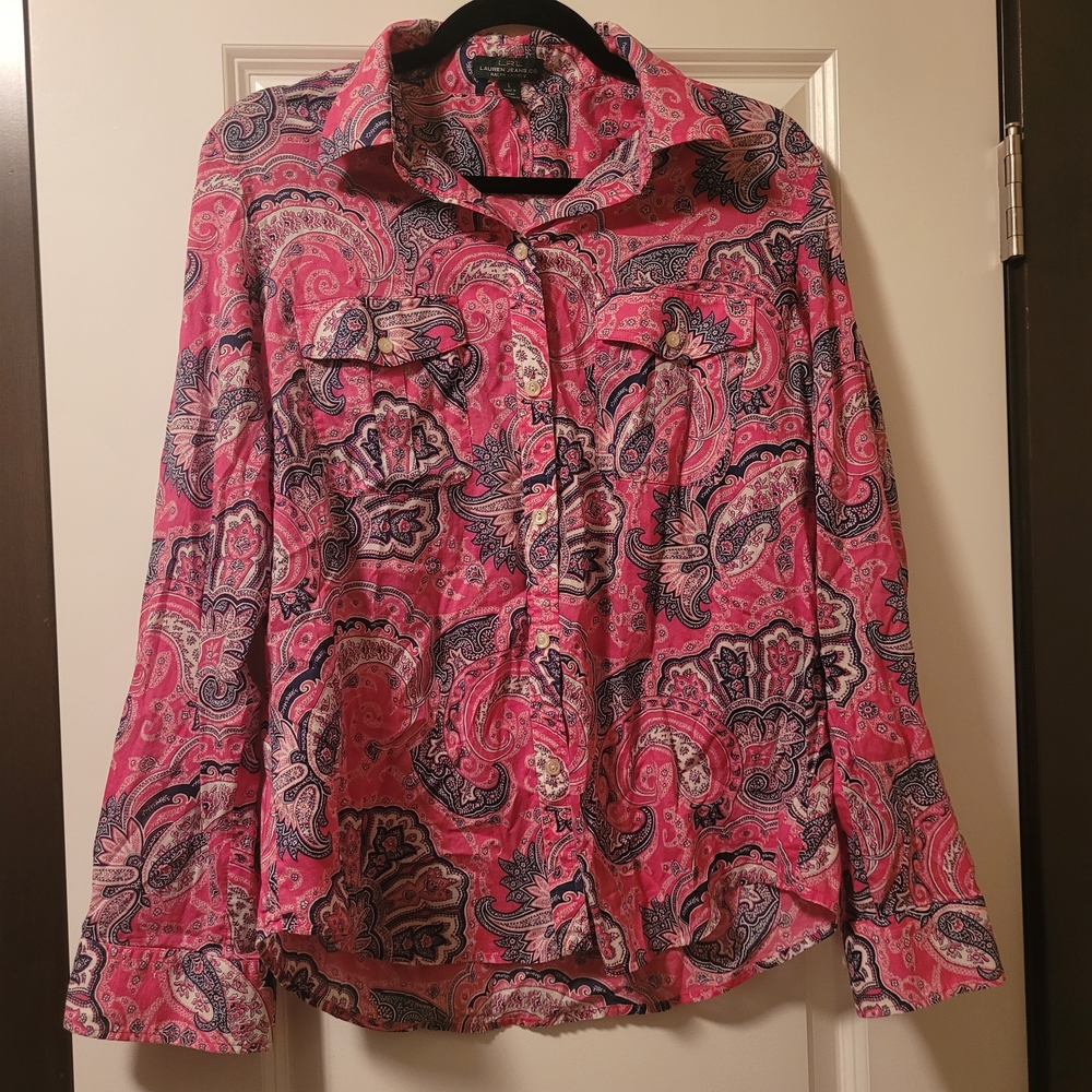 LRL Lauren Jeans Co. Ralph Lauren Pink Paisley Button-Down Shirt Size L
